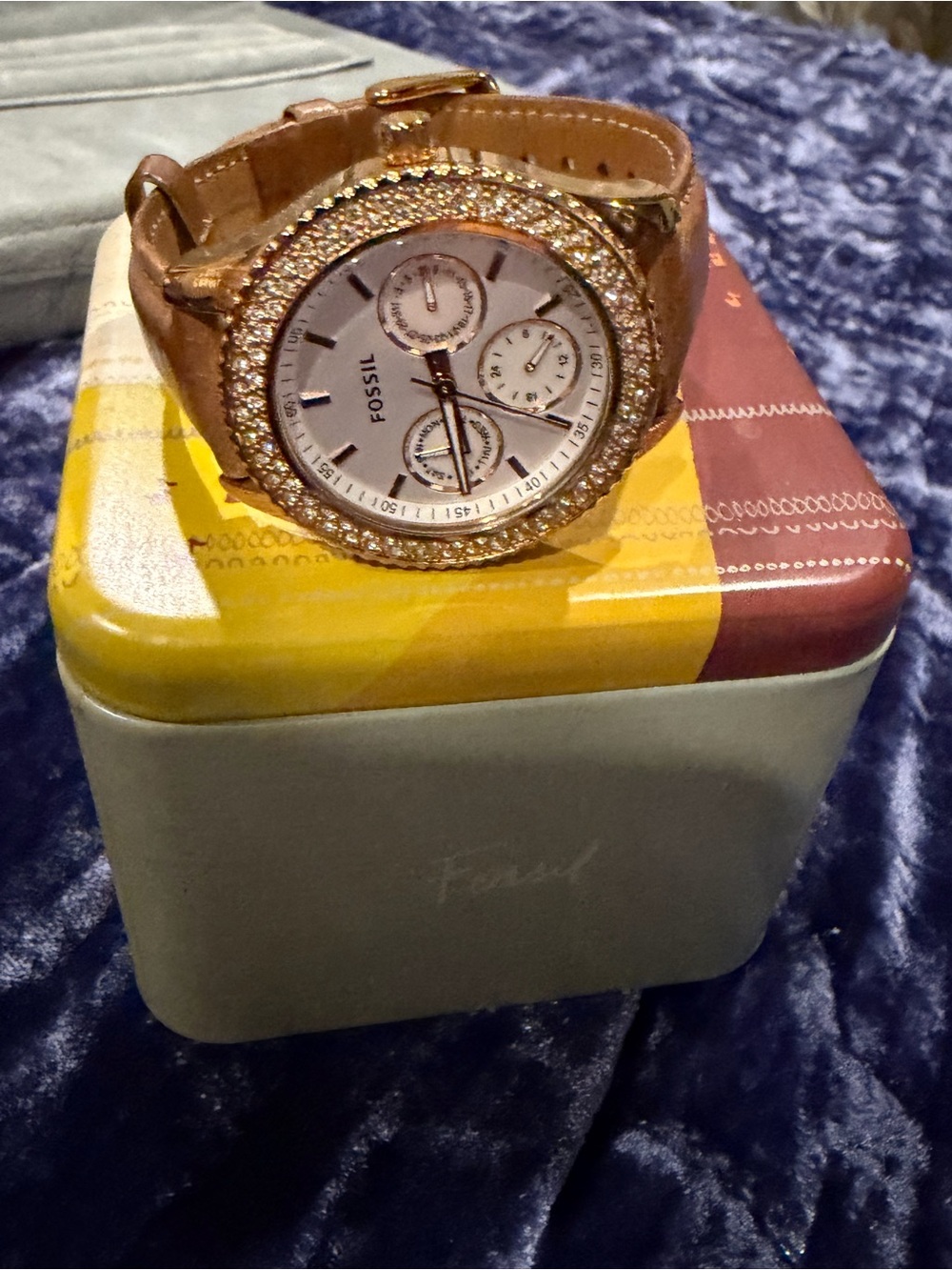 Fossil Rose Gold Crystal-Trim Leather Strap Watch with White Dial
